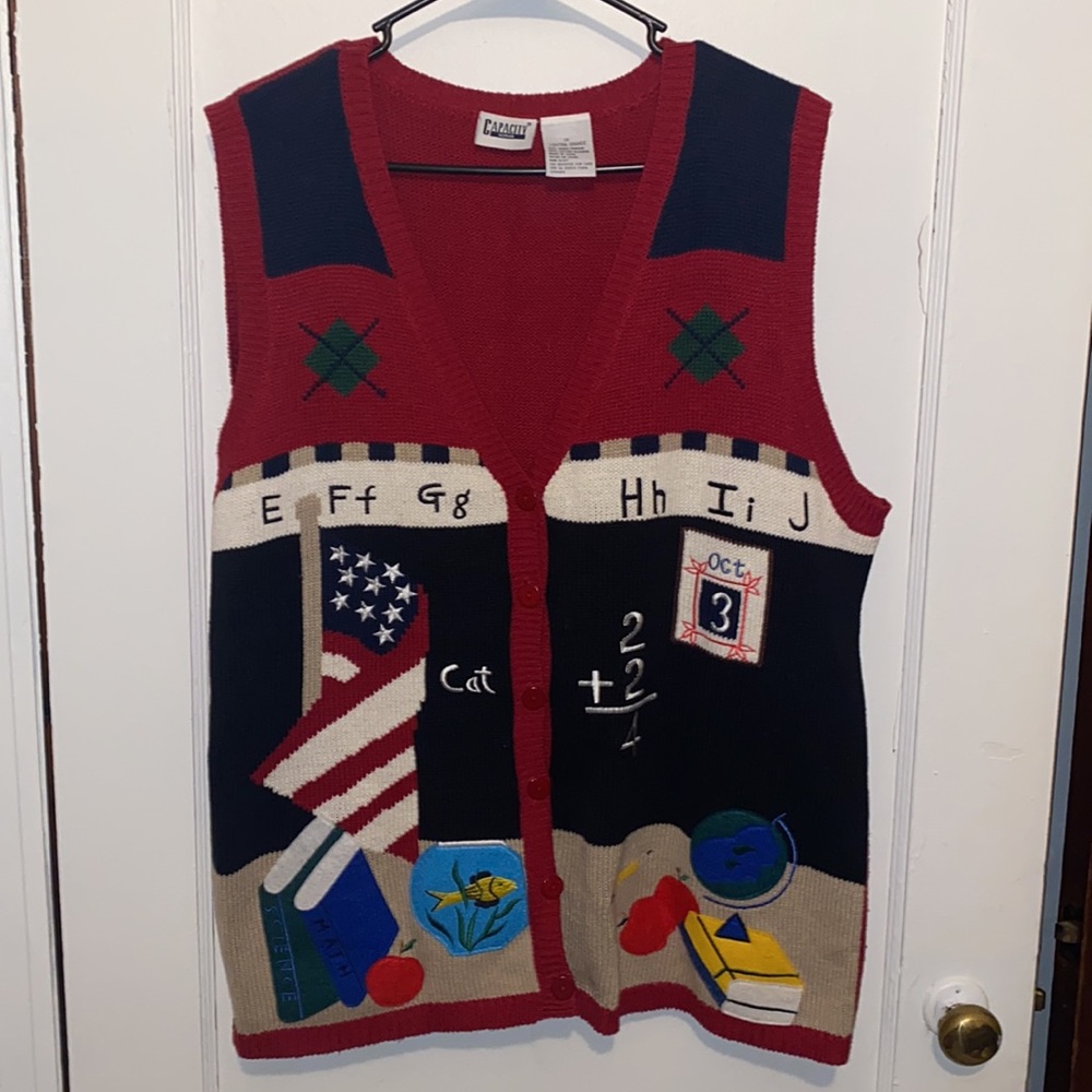 Capacity vintage sweater vest teacher school themed with books math flag